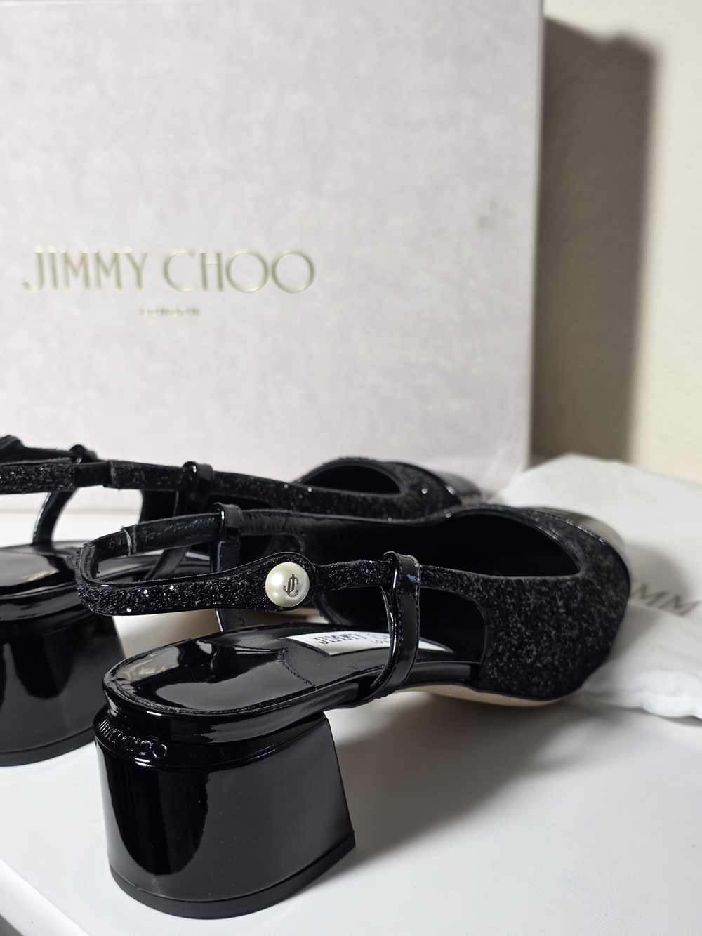 JIMMY CHOO 45mm Elisa sling-back pumps Black Glitter Size 37 Box/bag